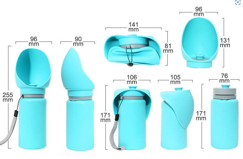 Folding pet water bottle in use during outdoor walk - Blue