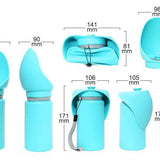 Folding pet water bottle in use during outdoor walk - Blue